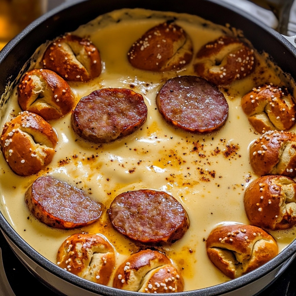How to make Bavarian Sausage & Beer Fondue with Soft Pretzel Bites — key cooking step