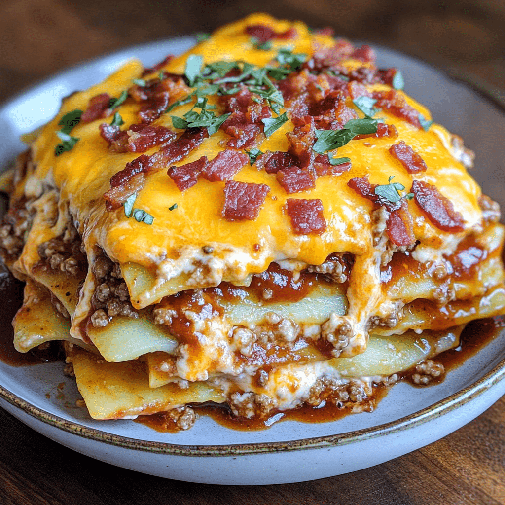 How to make BBQ Bacon Cheeseburger Poutine Lasagna — key cooking step