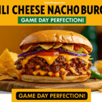 Chili Cheese Nacho Tailgate Burger recipe - CrennRecipes gourmet appetizers chili cheese nacho burger
