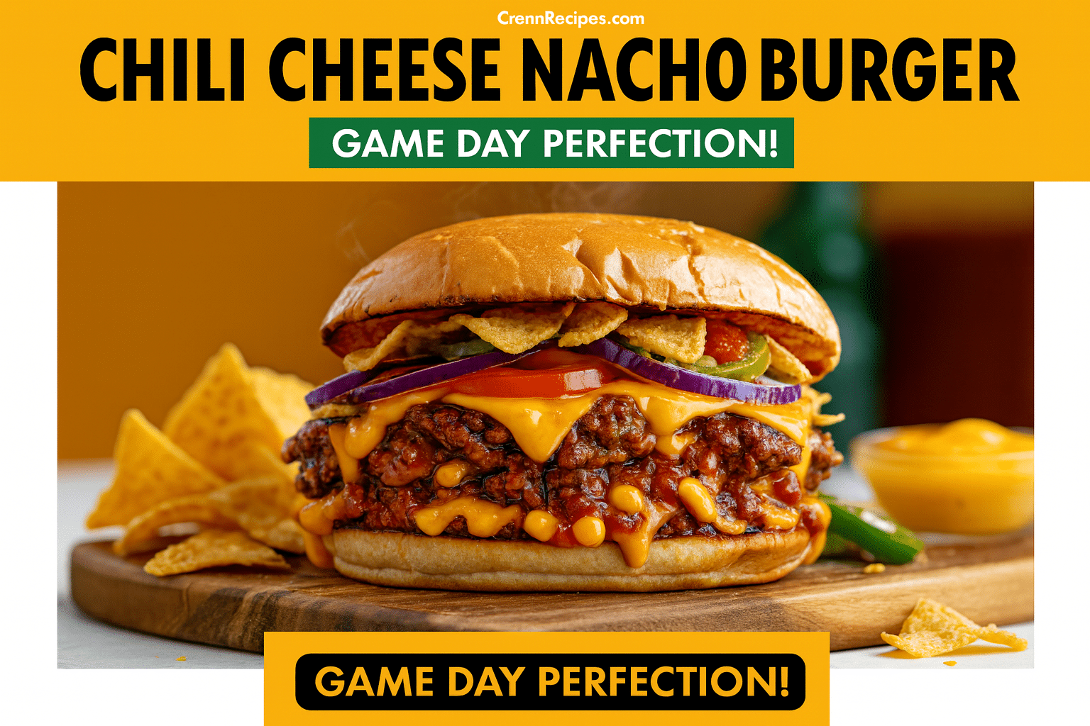 Chili Cheese Nacho Tailgate Burger recipe - CrennRecipes gourmet appetizers chili cheese nacho burger