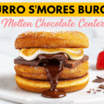 Cinnamon sugar churro s'mores burger recipe with molten chocolate center - CrennRecipes sophisticated desserts gourmet dessert burger