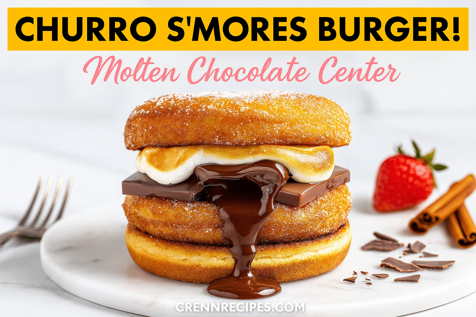 Cinnamon sugar churro s'mores burger recipe with molten chocolate center - CrennRecipes sophisticated desserts gourmet dessert burger