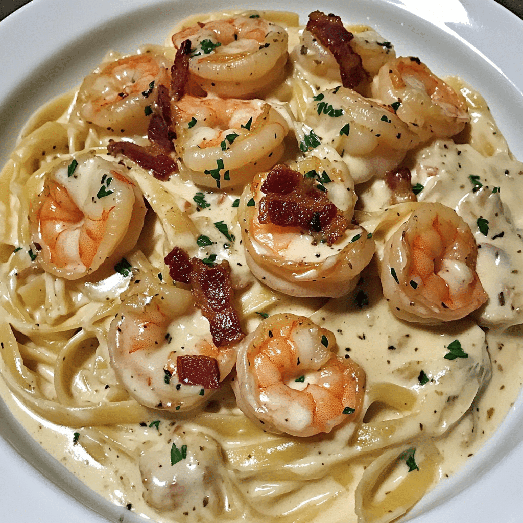 How to make Garlic Butter Bacon Shrimp Alfredo — key cooking step