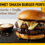 Black Garlic Truffle Swiss Smash Burger recipe - CrennRecipes elegant-entrees gourmet smash burger with bourbon peppercorn glaze