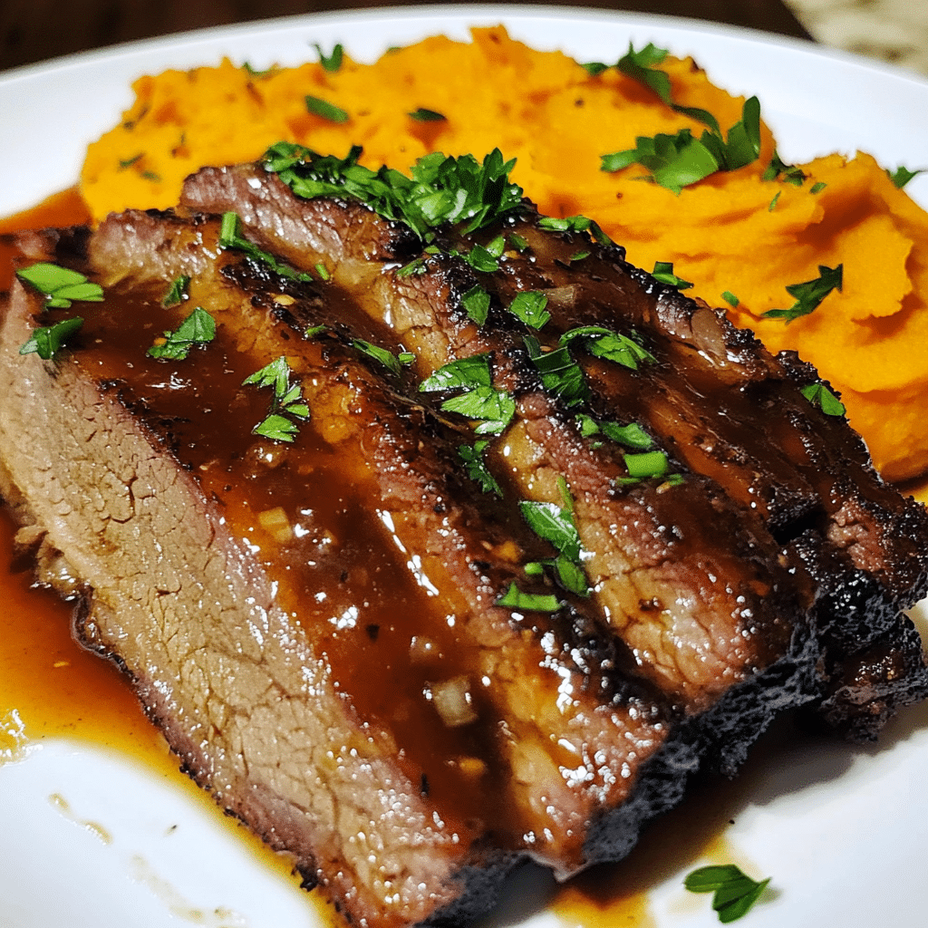 How to make Honey Bourbon Glazed Brisket with Roasted Sweet Potato Mash — key cooking step