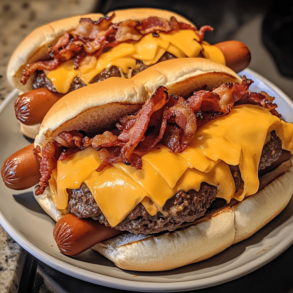 How to make Oktober Smoked Double Bacon Cheeseburger Hot Dog — key cooking step