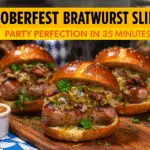 Oktoberfest Bratwurst Bacon Pretzel Sliders recipe - CrennRecipes gourmet appetizers oktoberfest bratwurst sliders