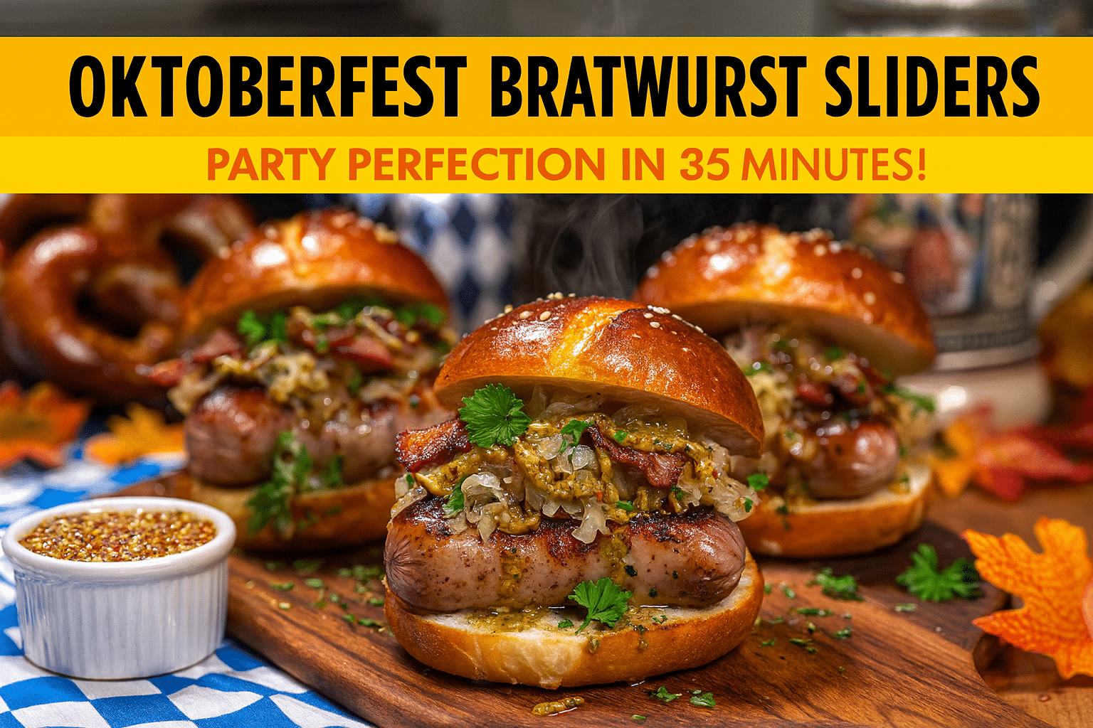 Oktoberfest Bratwurst Bacon Pretzel Sliders recipe - CrennRecipes gourmet appetizers oktoberfest bratwurst sliders