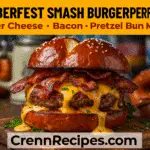 Oktoberfest pretzel bun bacon cheddar smash burger recipe - CrennRecipes gourmet appetizers oktoberfest burger