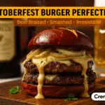 Oktoberfest Beer-Braised Brat Smash Burger recipe - CrennRecipes gourmet Oktoberfest burger with bratwurst