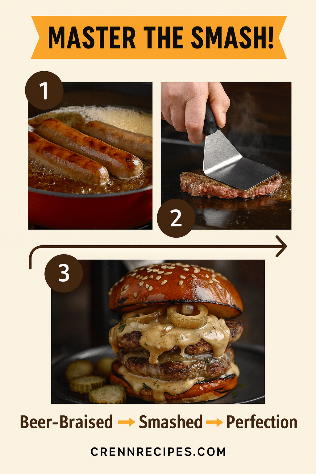 Perfect Brat Smash Burger Technique tutorial pin - step-by-step Oktoberfest burger cooking guide