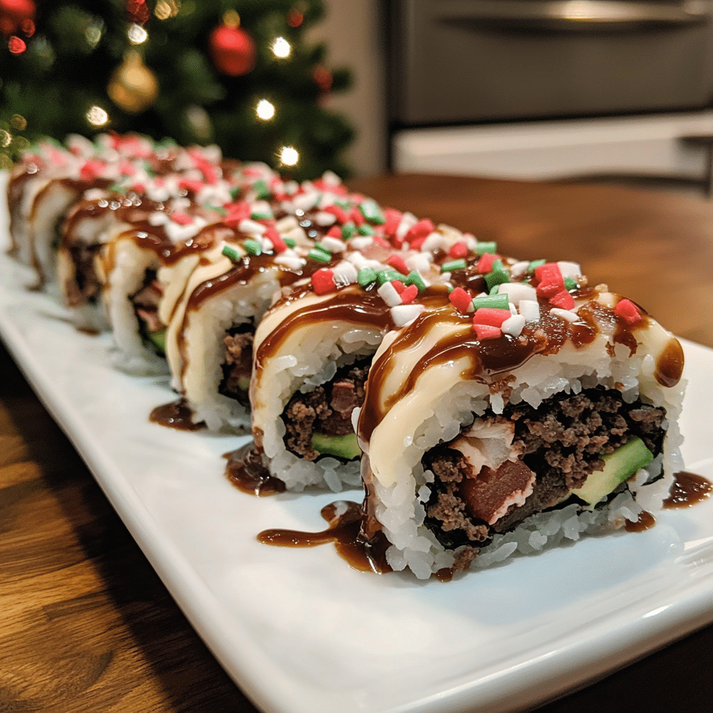 How to make Peppermint Hot Chocolate Bacon Cheeseburger Sushi — key cooking step