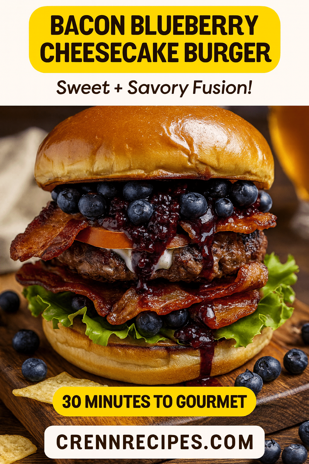 Pinterest pin for Bacon Blueberry Cheesecake Burger - 30 minutes gourmet fusion burger recipe