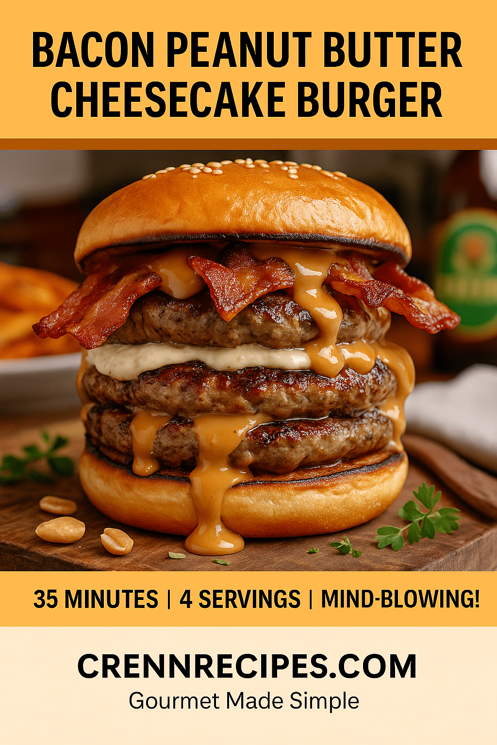 Pinterest pin for Bacon Peanut Butter Cheesecake Burger - 35 minutes gourmet burger recipe