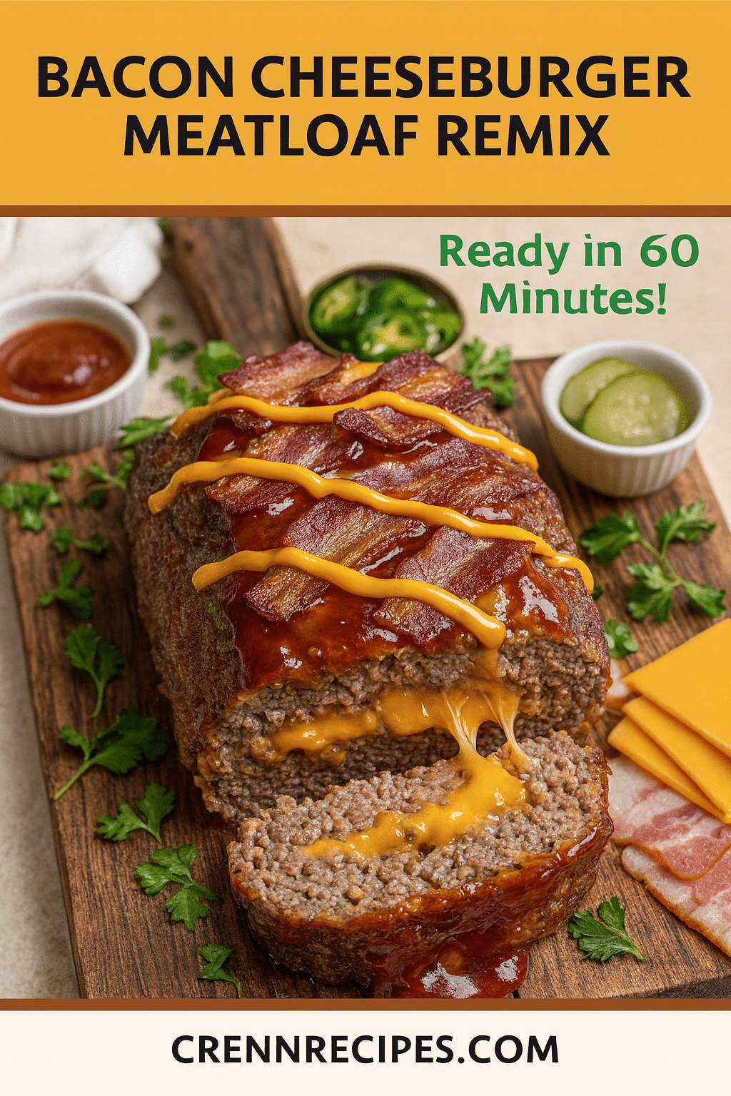 Pinterest pin for Bacon Cheeseburger Meatloaf Remix - ready in 60 minutes comfort food recipe