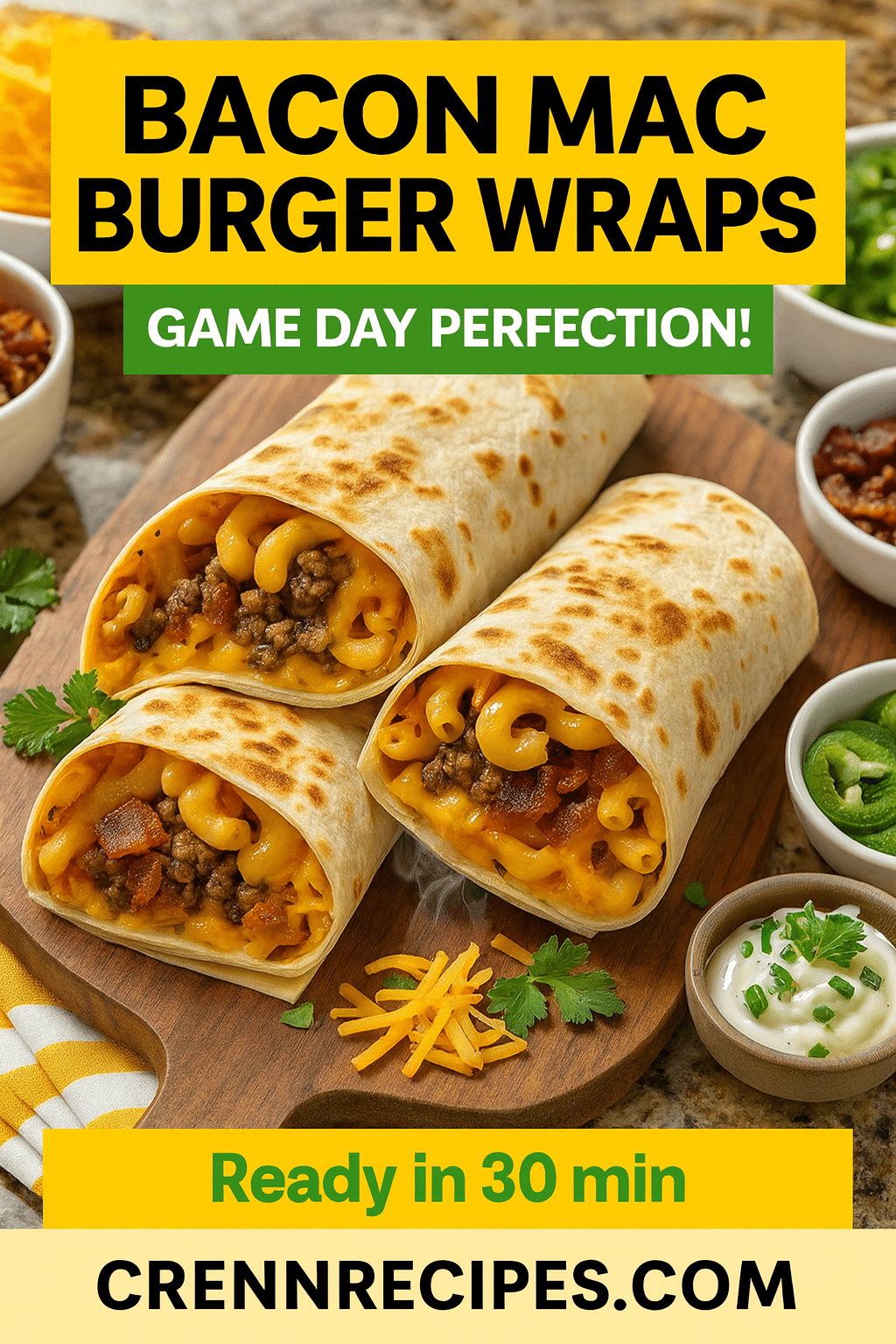 Pinterest pin for Bacon Mac 'n' Cheese Burger Wrap - game day ready gourmet appetizers