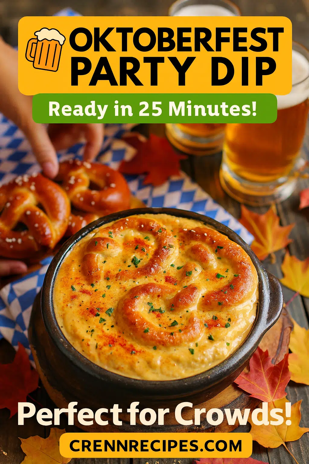 Pinterest pin for Oktoberfest beer cheese dip - party appetizer recipe ready in 25 minutes