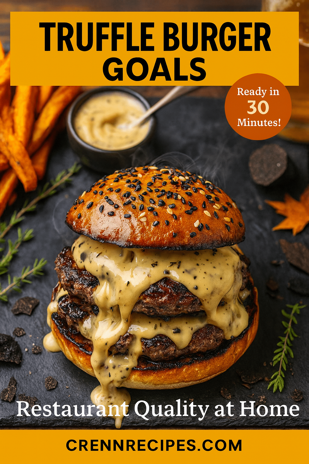 Pinterest pin for Black Garlic Truffle Gouda Burger - ready in 30 minutes gourmet entrees