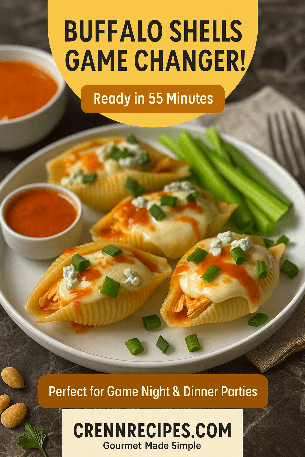 Pinterest pin for Baked Buffalo Chicken Stuffed Shells - Ready in 55 Minutes elegant entrees
