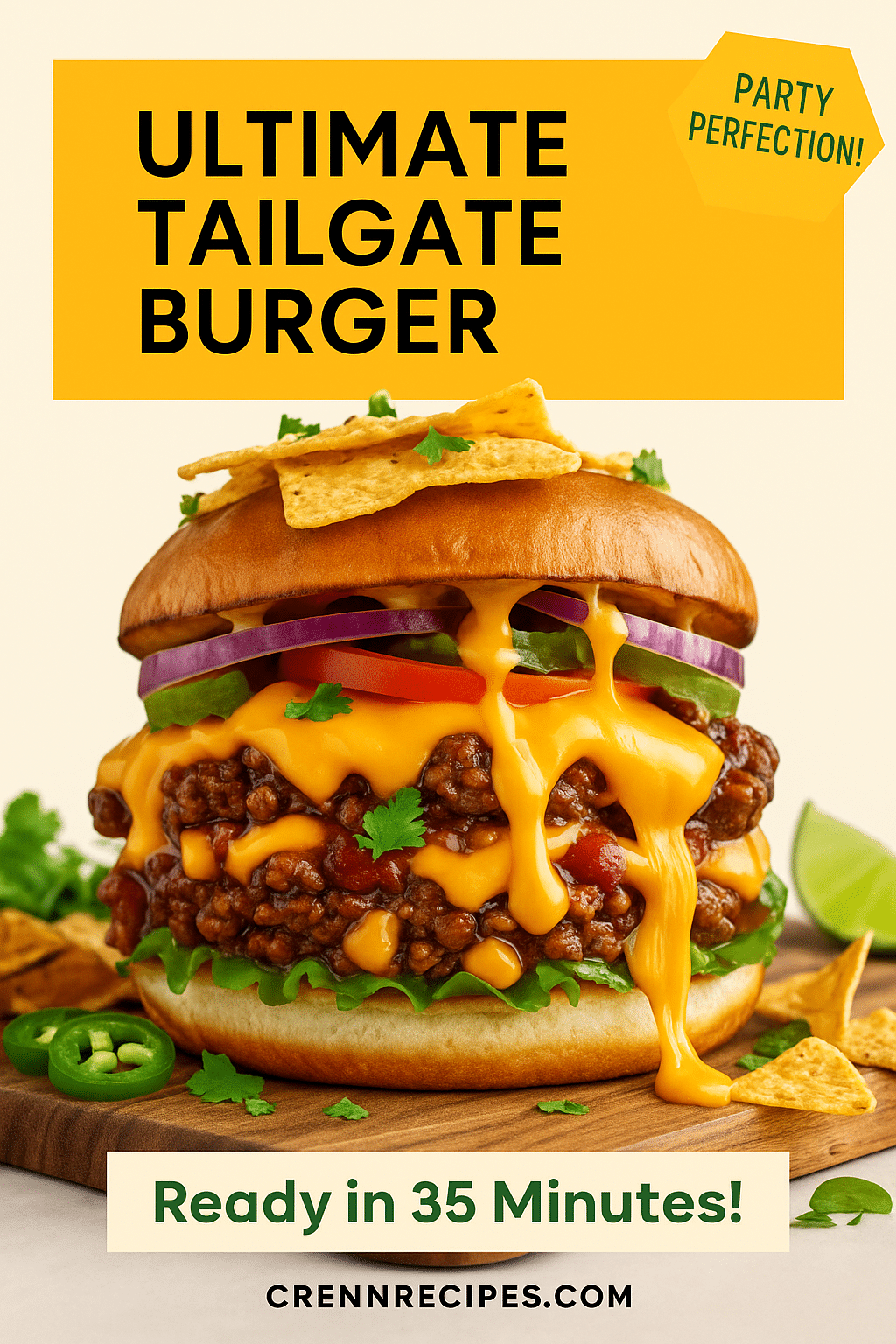Pinterest pin for Chili Cheese Nacho Tailgate Burger - Ready in 35 Minutes gourmet appetizers