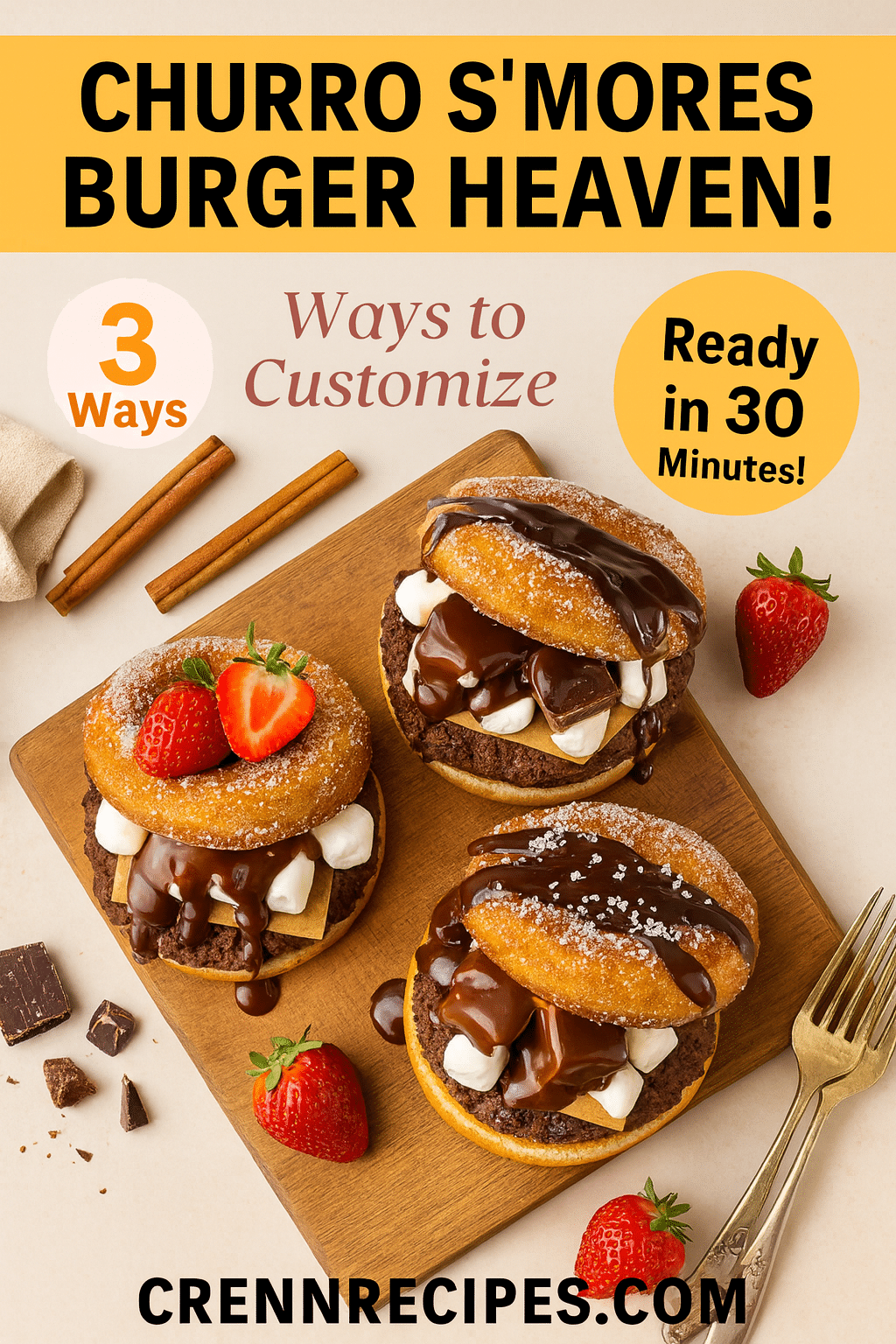 Pinterest pin for churro s'mores burger - 3 customization ideas 30 minute sophisticated dessert