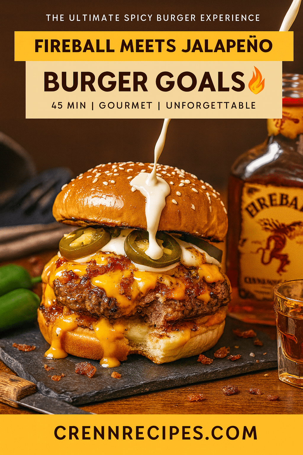 Pinterest pin for Fireball Whiskey Jalapeño Burger - 45 minute gourmet burger recipe