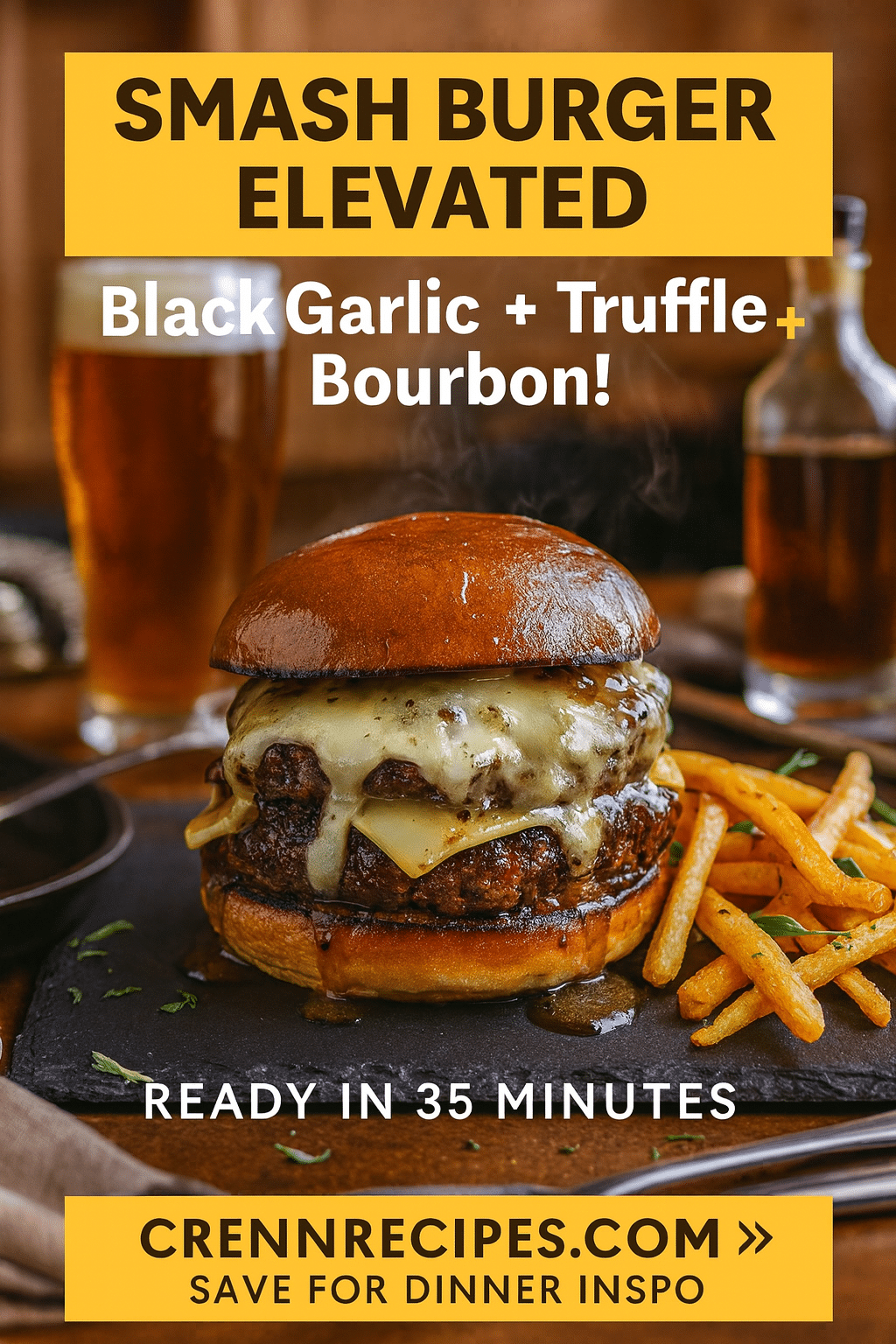 Pinterest pin for Black Garlic Truffle Swiss Smash Burger - ready in 35 minutes elegant-entrees gourmet recipe