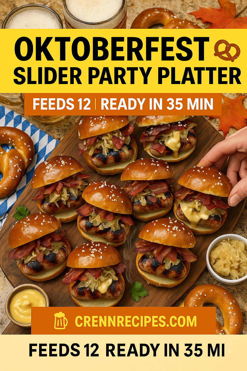 Pinterest pin for Oktoberfest Bratwurst Bacon Pretzel Sliders - feeds 12 in 35 minutes gourmet appetizers