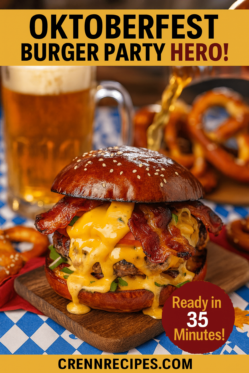 Pinterest pin for Oktoberfest smash burger - ready in 35 minutes gourmet party burger