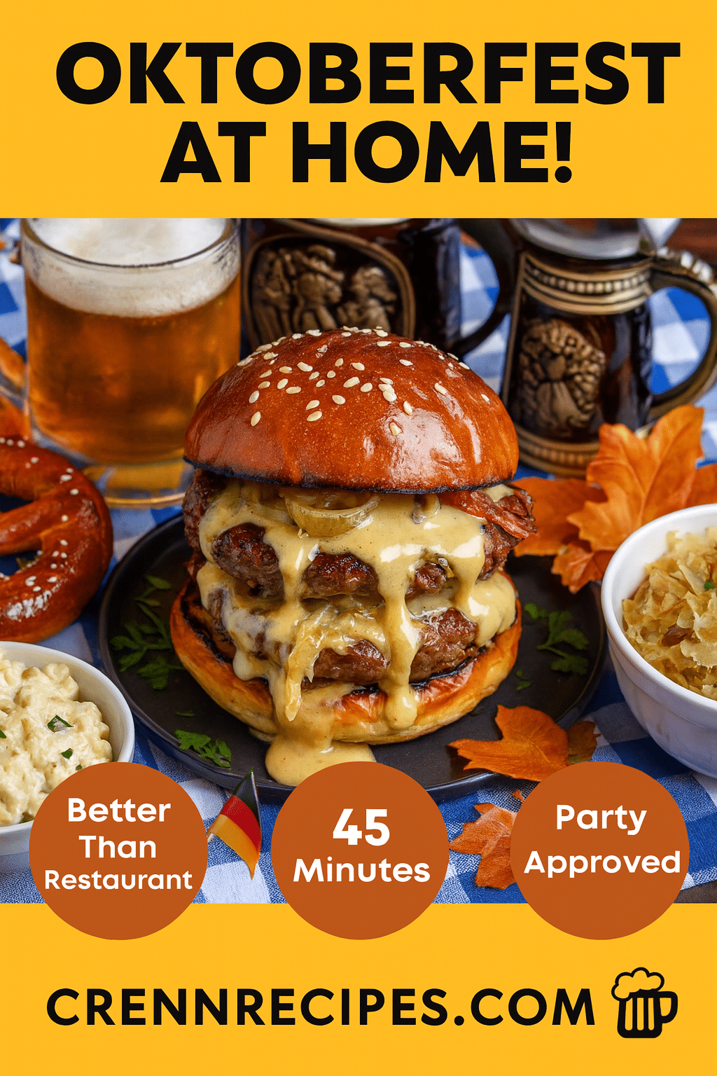 Pinterest pin for Ultimate Oktoberfest Beer-Braised Brat Burger - 45 minutes gourmet party food
