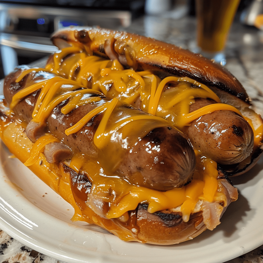 How to make Smoky Cheddar Beer Brat Pretzel Melt — key cooking step