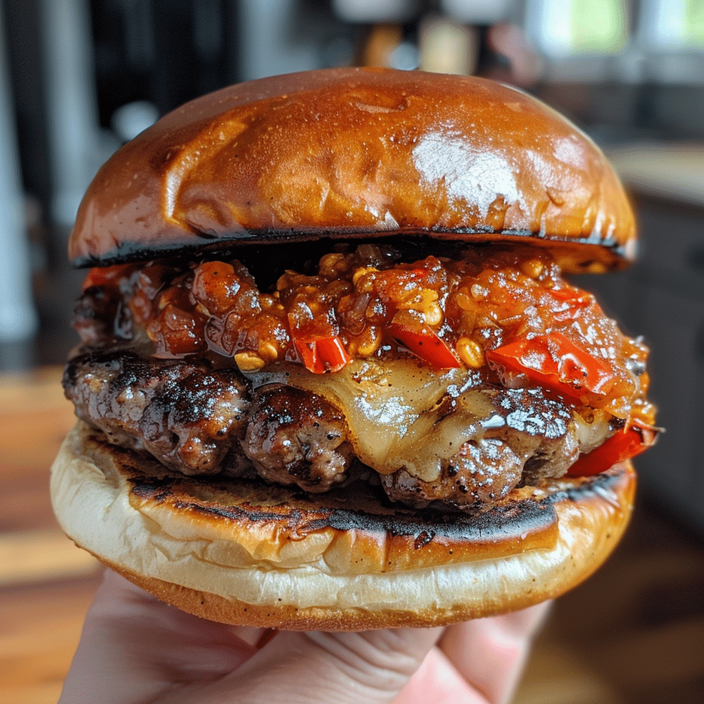 How to make Spicy Chili Jack Smash Burger with Roasted Hatch Pepper Relish — key cooking step