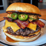 Spicy Maple Bourbon Bacon Burger with Jalapeño Crunch