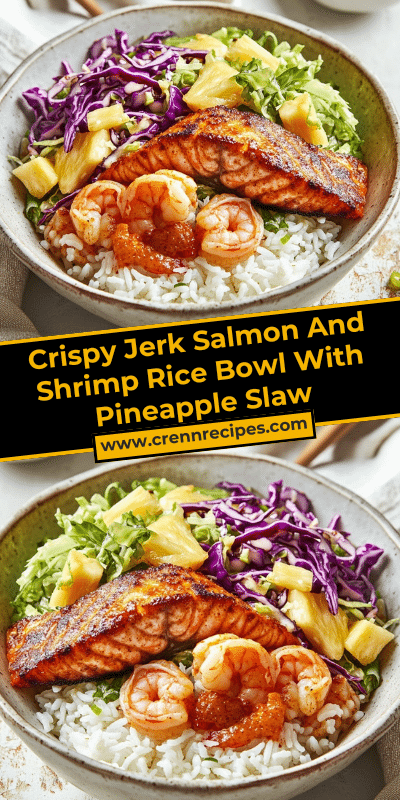 Crispy Jerk Salmon And Shrimp Rice Bowl With Pineapple Slaw