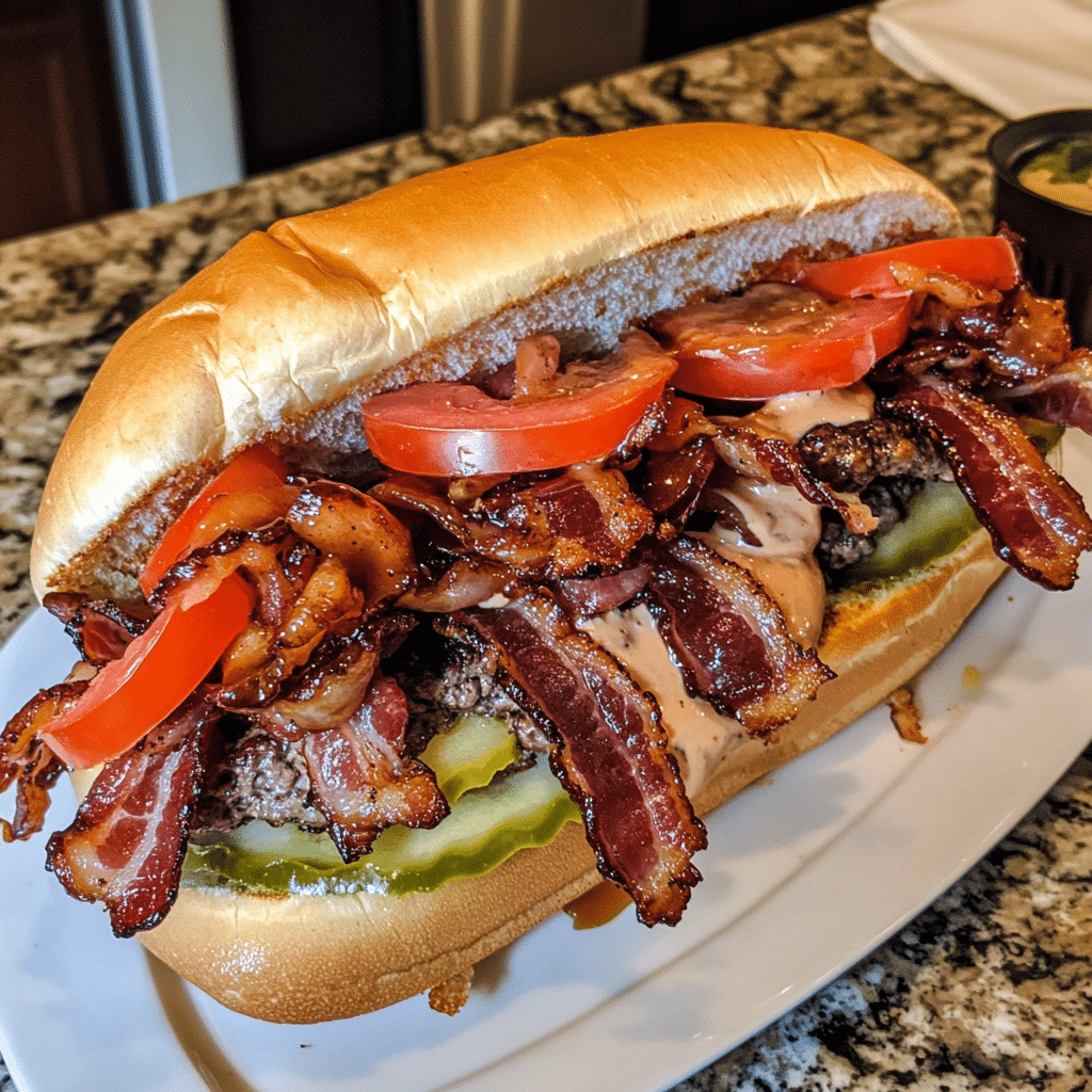 How to make Bourbon Glazed Triple Bacon Smashburger Sub — key cooking step