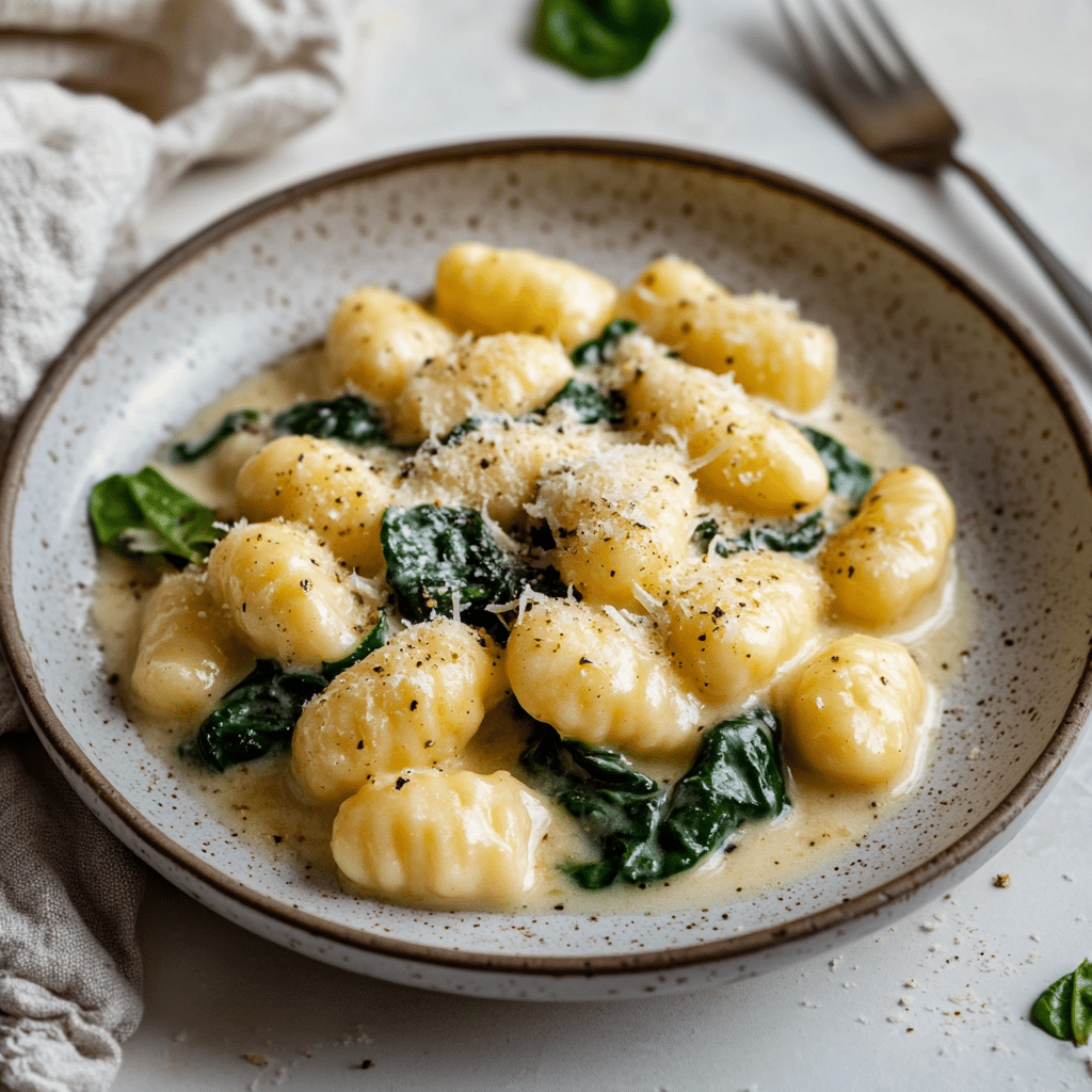 Creamy Garlic Parmesan Gnocchi with Spinach — refined comfort food photo