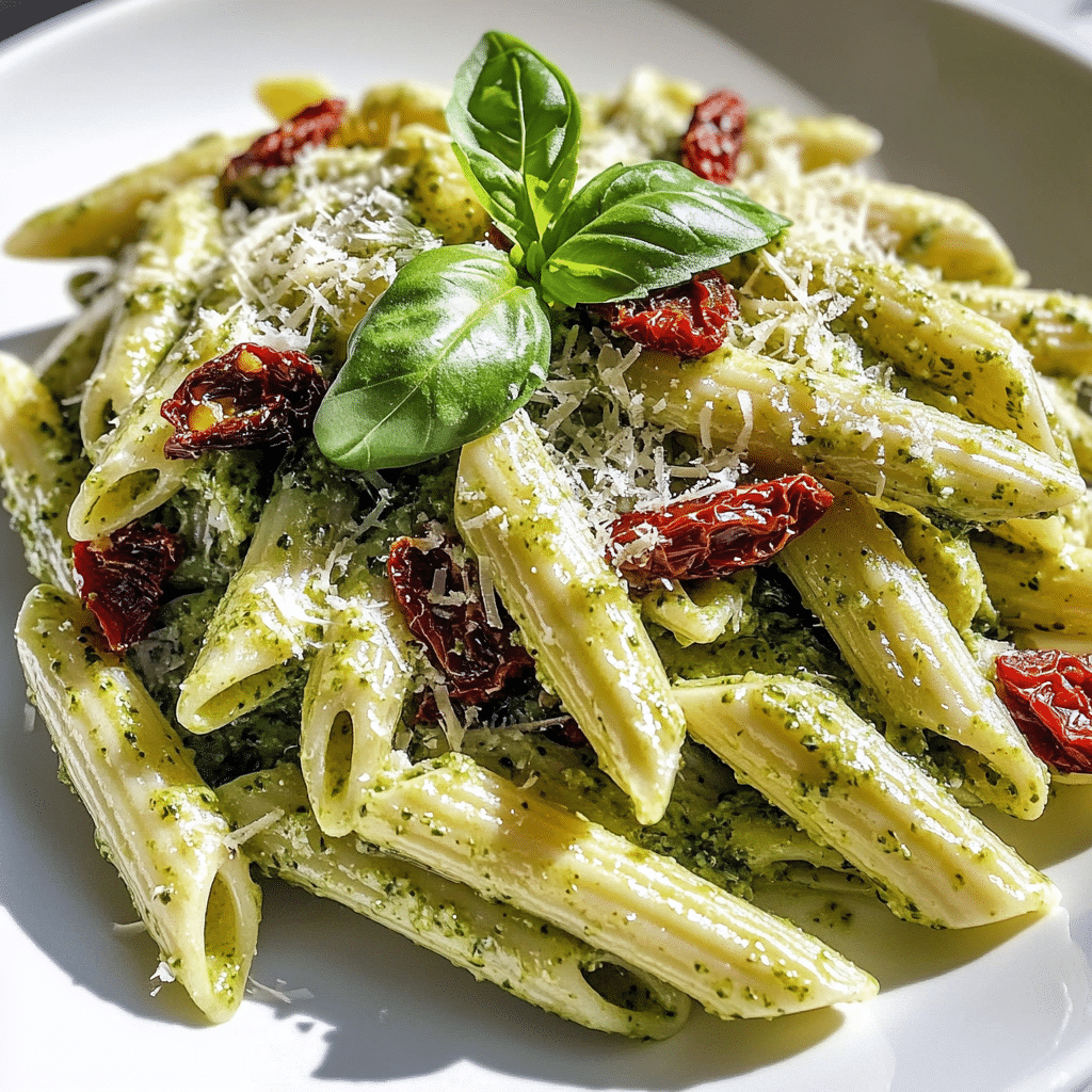 Creamy Pesto Penne with Sun-Dried Tomatoes — refined comfort food photo