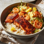 How to make Crispy Jerk Salmon And Shrimp Rice Bowl With Pineapple Slaw — cooking process step