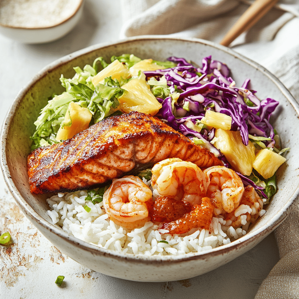 Crispy Jerk Salmon And Shrimp Rice Bowl With Pineapple Slaw — refined comfort food photo