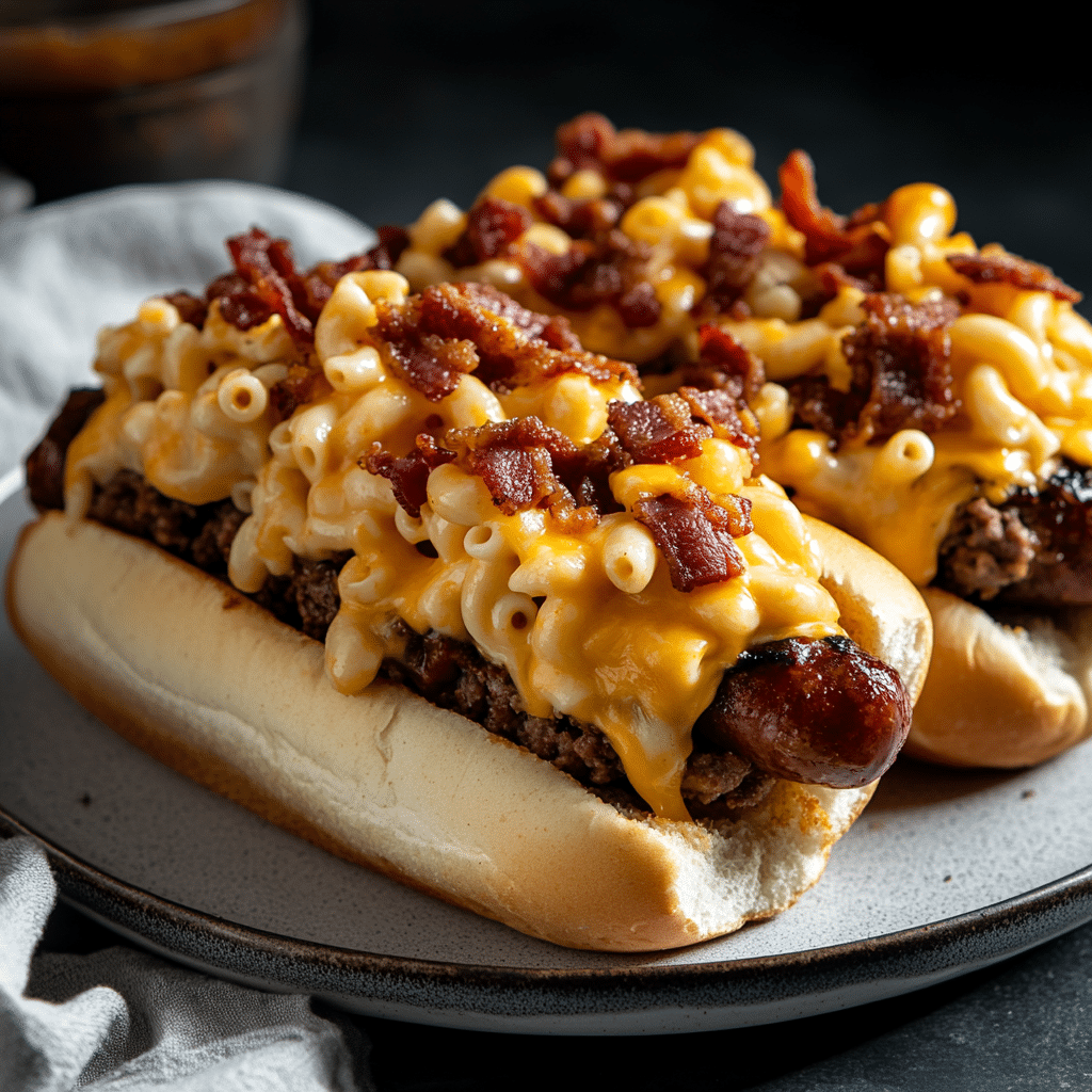 Double BBQ Bacon Cheeseburger Dogs with Mac 'n Cheese Crunch — refined comfort food photo