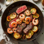 How to make Garlic Butter Steak And Shrimp Skillet With Crispy Potato Coins — cooking process step