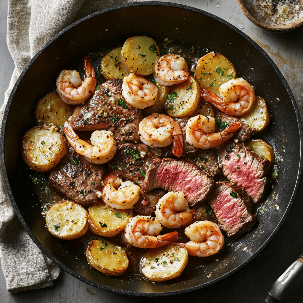 Garlic Butter Steak And Shrimp Skillet With Crispy Potato Coins — refined comfort food photo