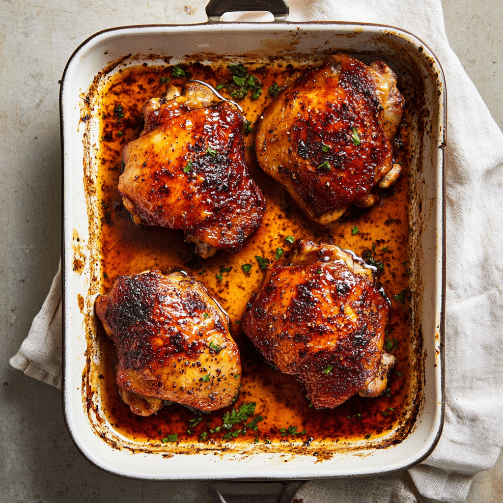 Hot Honey Cajun Chicken Thigh Tray With Sticky Pan Drippings — refined comfort food photo