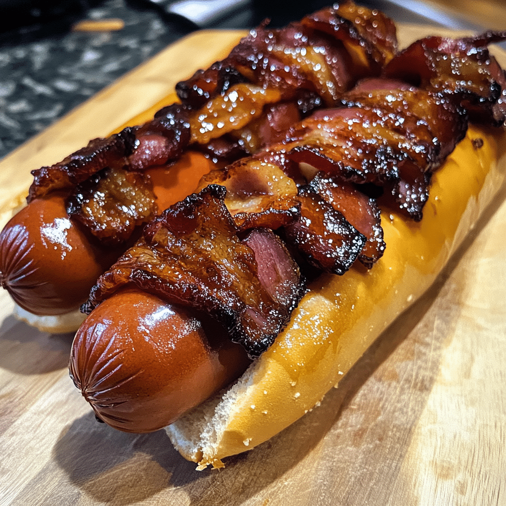 How to make Maple Whiskey Candied Bacon Pretzel Dog — key cooking step