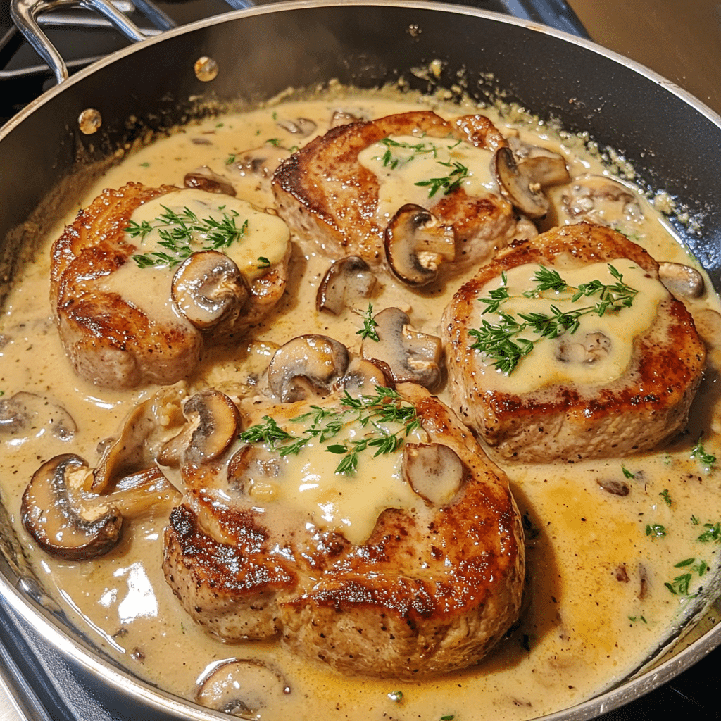 How to make Mushroom Garlic Swiss Pork Chops — key cooking step
