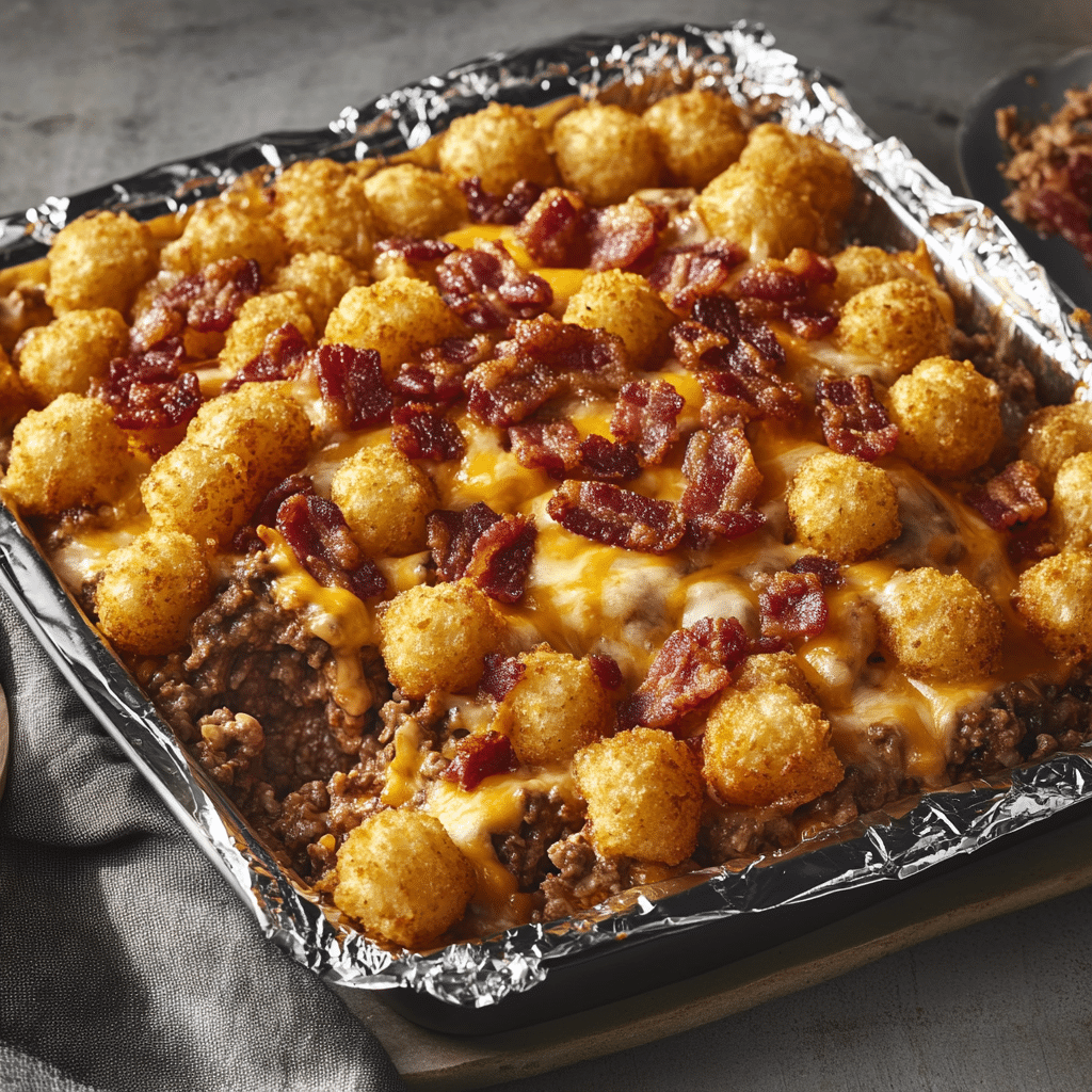 Smoky Ranch Bacon Cheeseburger Tater Tot Foil Pan Bake — refined comfort food photo