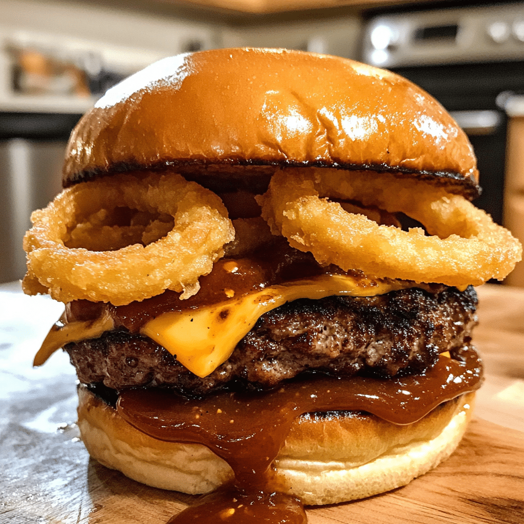 How to make Spicy Whiskey BBQ Burger with Onion Ring Crunch — key cooking step