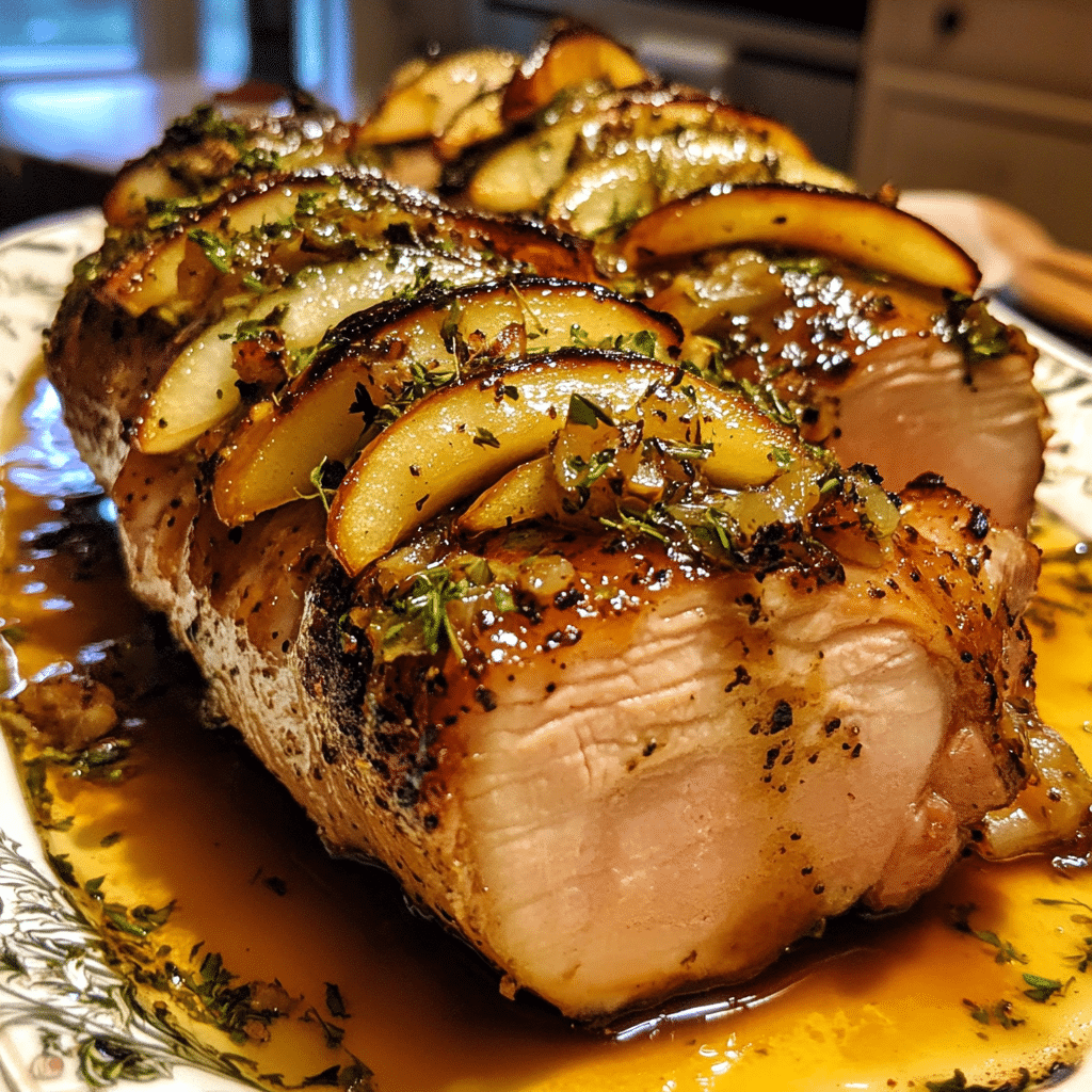 How to make Whiskey Apple Pork Loin with Caramelized Shallots & Herb Butter — key cooking step
