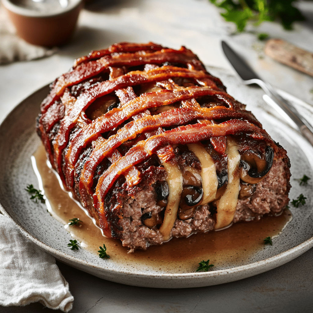 Bacon-Crusted Swiss Mushroom Stuffed Meatloaf — refined comfort food photo