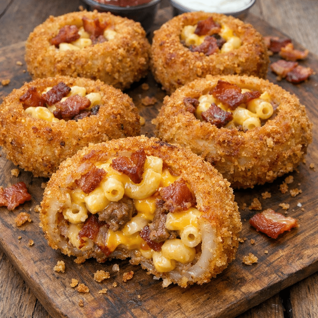 Cheesy Bacon Mac Burger Stuffed Onion Rings — restaurant-quality recipe photo